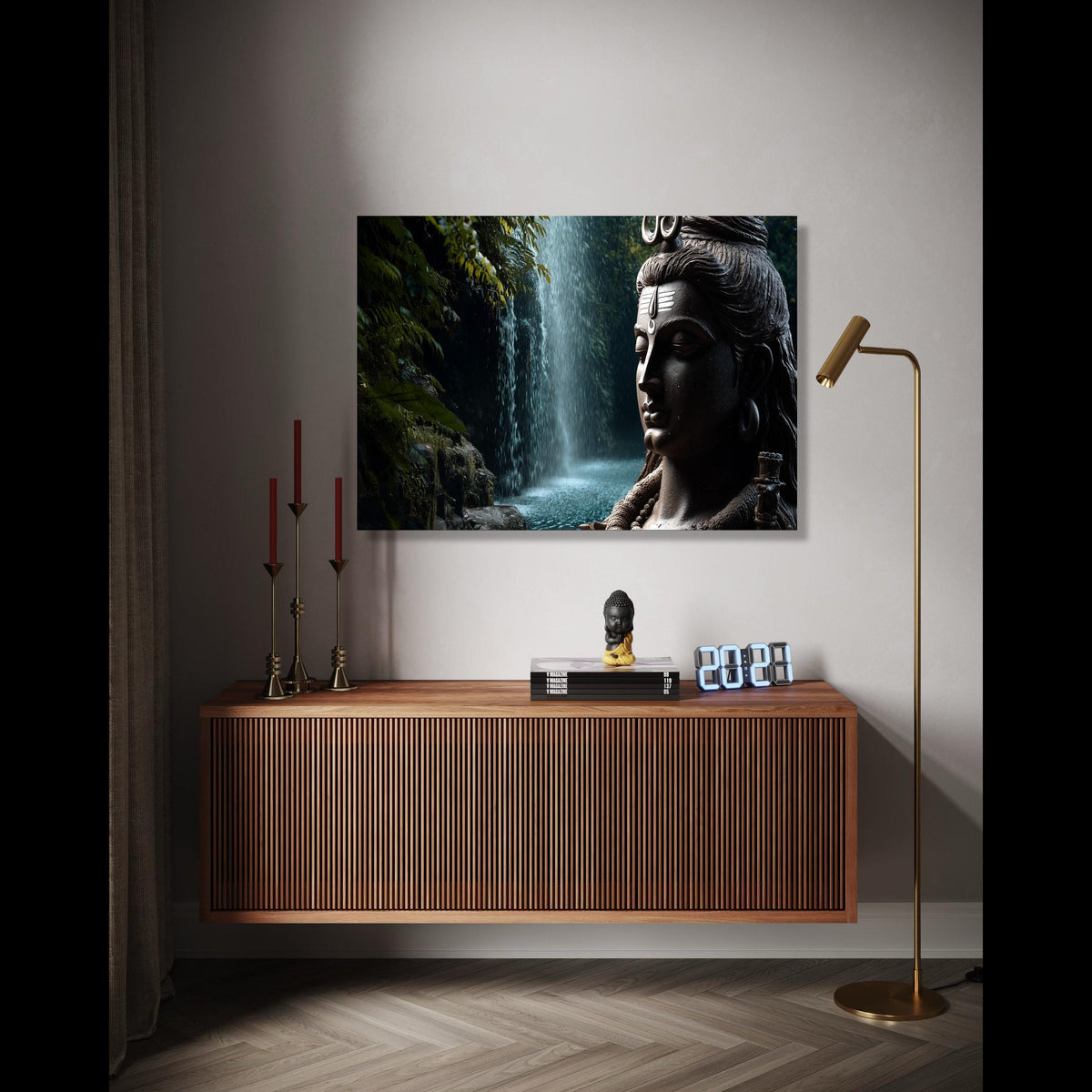 Serene Shiva Statue Canvas Wall Art, Spiritual Meditation Decor, Tranquil Waterfall Nature Canvas, Hindu God Gift Art, Home Decor, Print