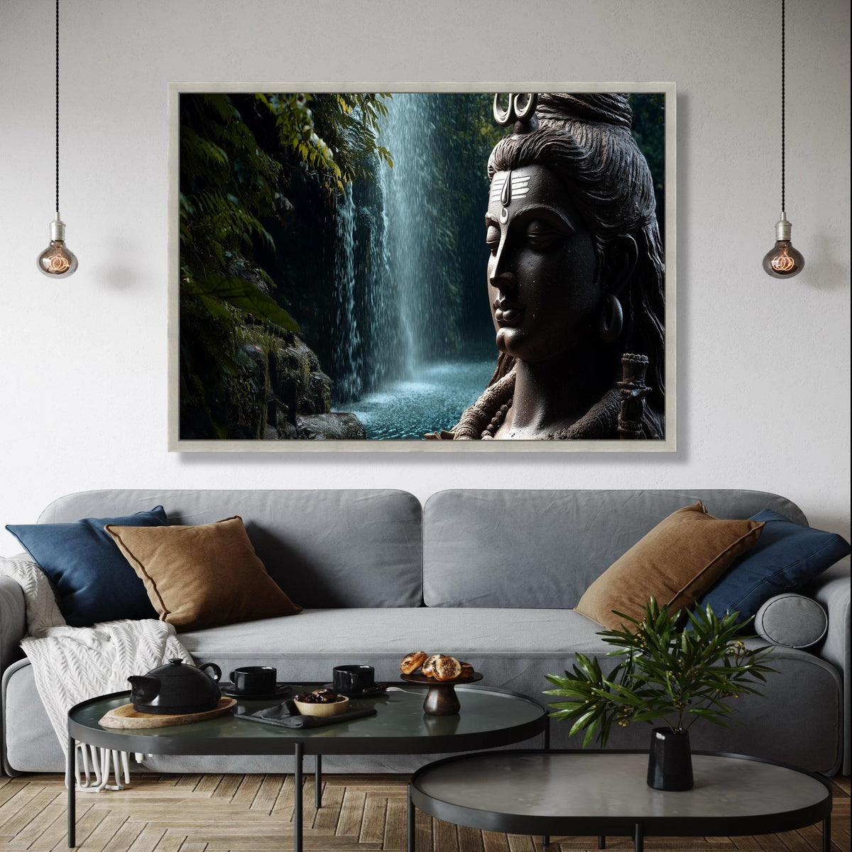 Serene Shiva Statue Canvas Wall Art, Spiritual Meditation Decor, Tranquil Waterfall Nature Canvas, Hindu God Gift Art, Home Decor, Print