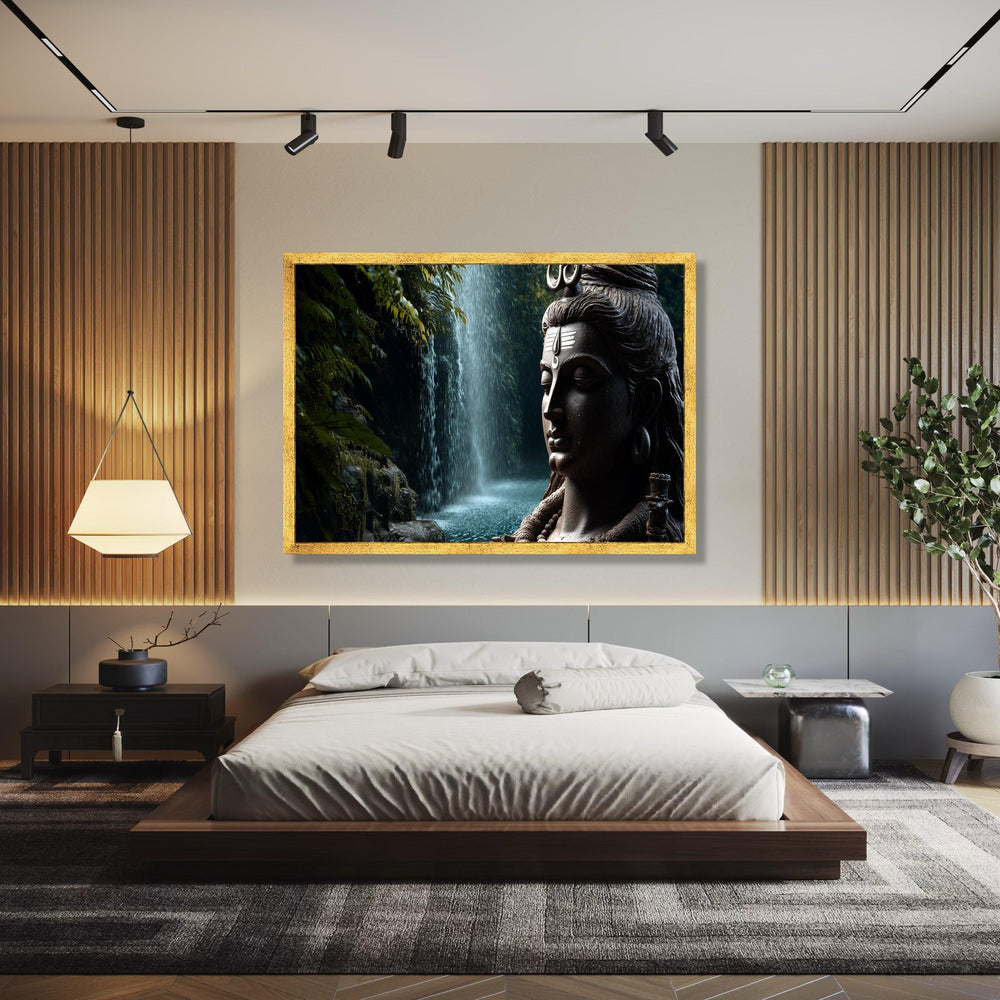 Serene Shiva Statue Canvas Wall Art, Spiritual Meditation Decor, Tranquil Waterfall Nature Canvas, Hindu God Gift Art, Home Decor, Print