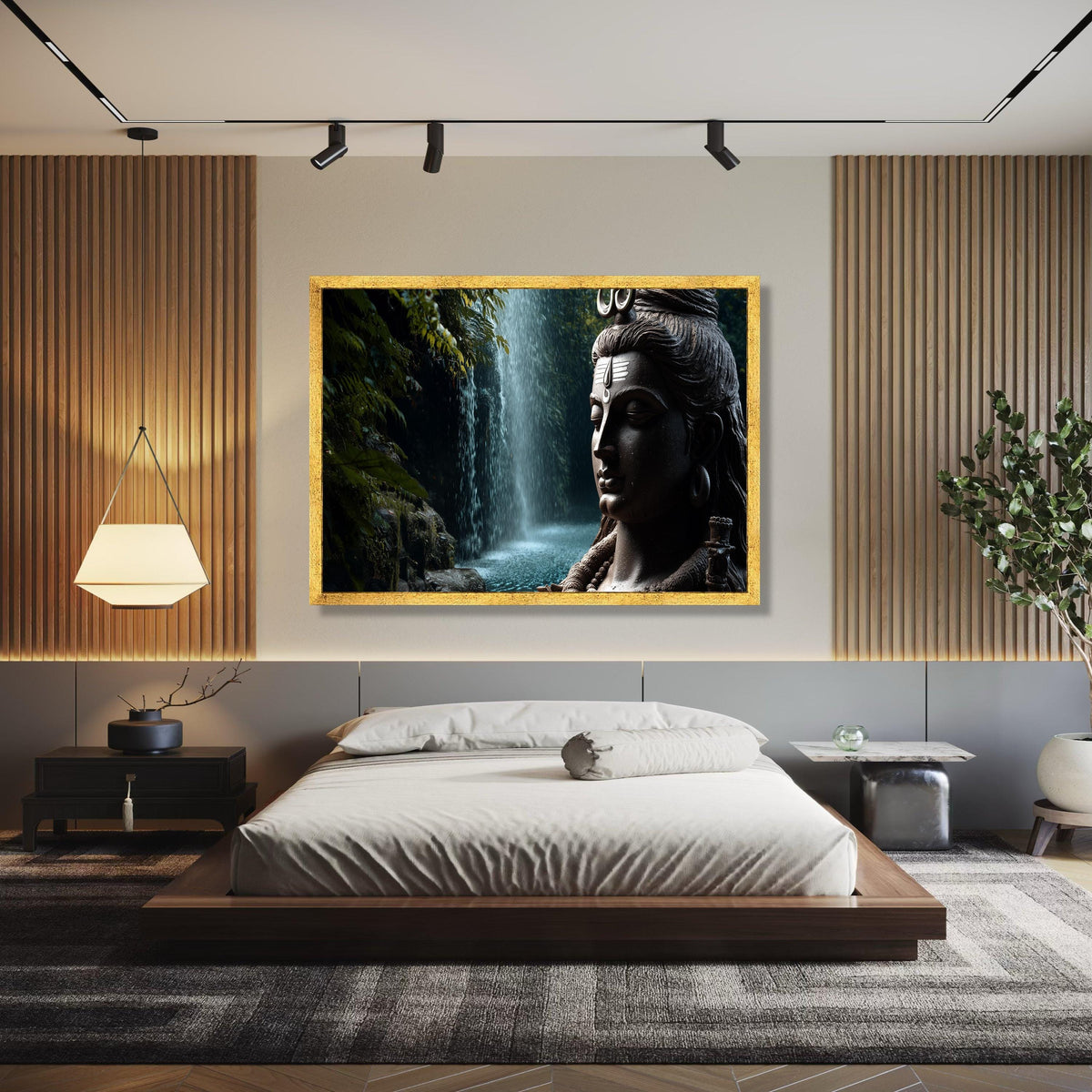 Serene Shiva Statue Canvas Wall Art, Spiritual Meditation Decor, Tranquil Waterfall Nature Canvas, Hindu God Gift Art, Home Decor, Print