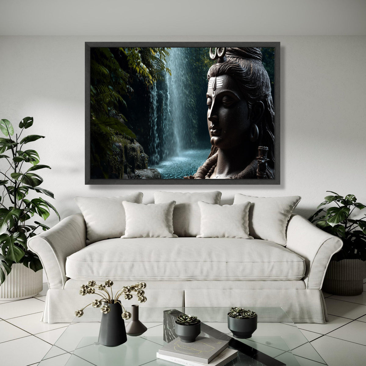 Serene Shiva Statue Canvas Wall Art, Spiritual Meditation Decor, Tranquil Waterfall Nature Canvas, Hindu God Gift Art, Home Decor, Print
