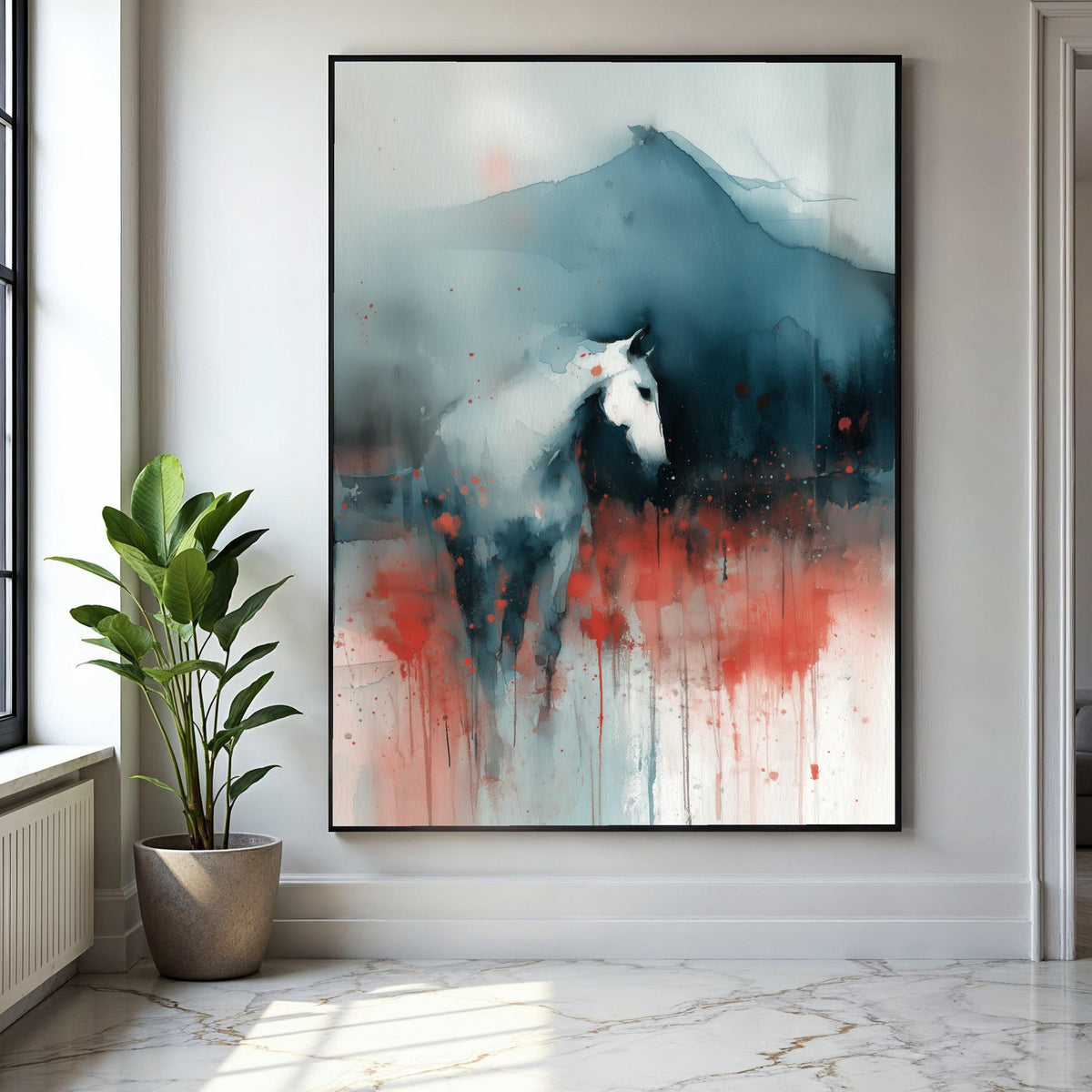 Abstract Horse Canvas Wall Art, Modern Watercolor Painting, Equine Silhouette Canvas, Red and Blue Home Decor, Gift Art, Home Decor, Print