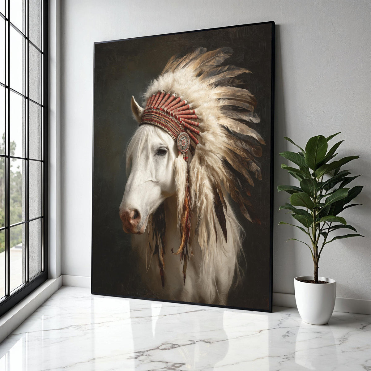 White Horse Portrait with Native American Feather Headdress Canvas, Western Wall Art, Rustic Animal Decor, Gift Art, Home Decor, Print