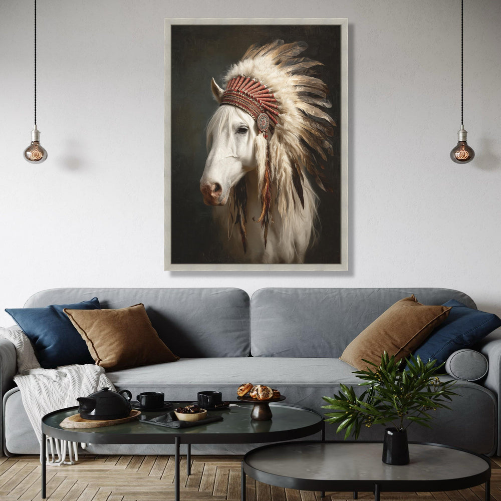 White Horse Portrait with Native American Feather Headdress Canvas, Western Wall Art, Rustic Animal Decor, Gift Art, Home Decor, Print
