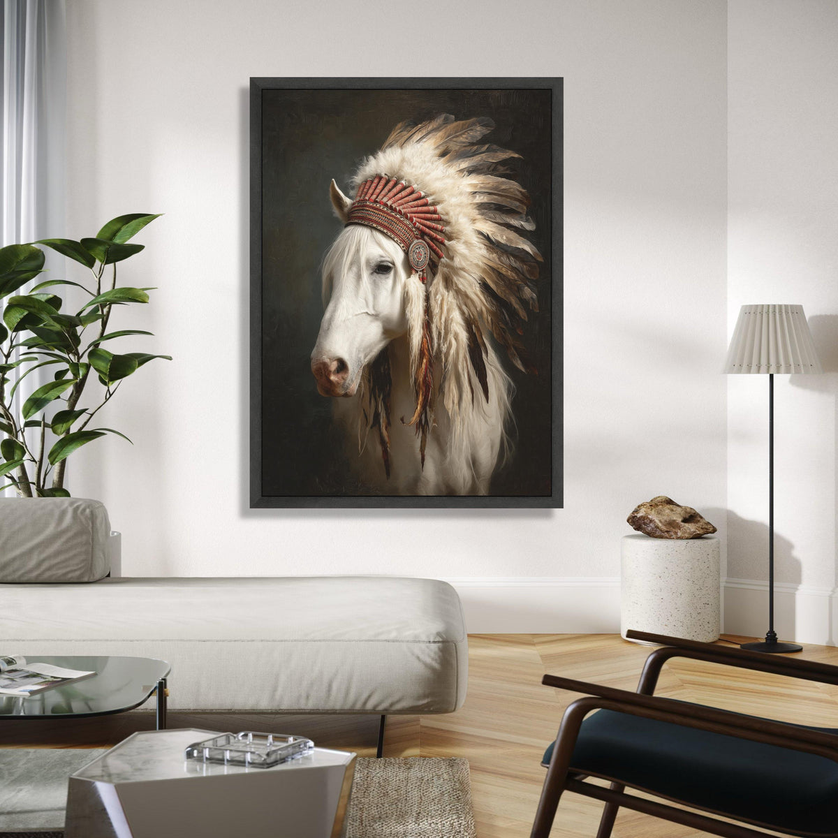 White Horse Portrait with Native American Feather Headdress Canvas, Western Wall Art, Rustic Animal Decor, Gift Art, Home Decor, Print