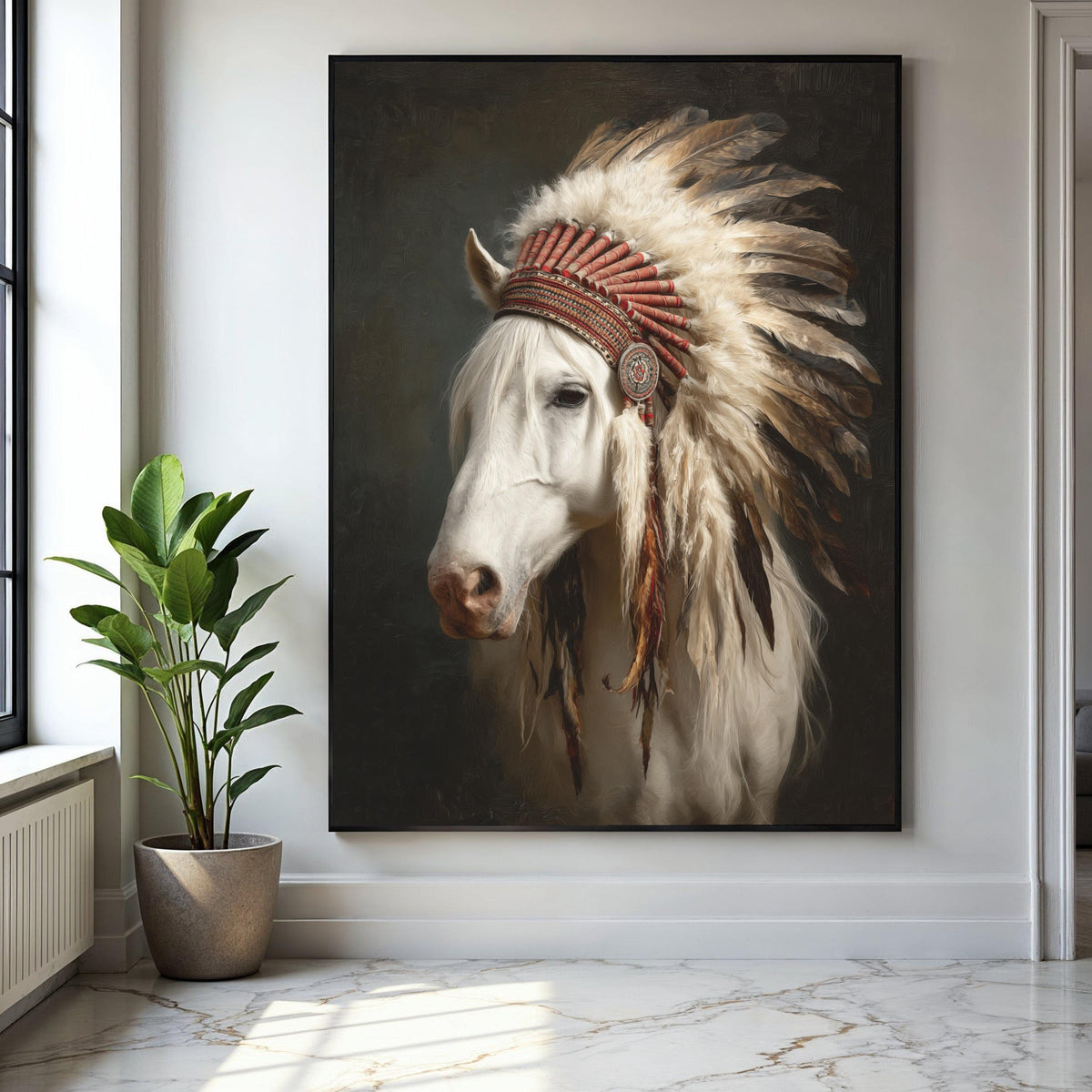 White Horse Portrait with Native American Feather Headdress Canvas, Western Wall Art, Rustic Animal Decor, Gift Art, Home Decor, Print
