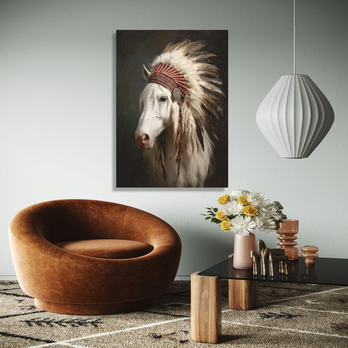 White Horse Portrait with Native American Feather Headdress Canvas, Western Wall Art, Rustic Animal Decor, Gift Art, Home Decor, Print