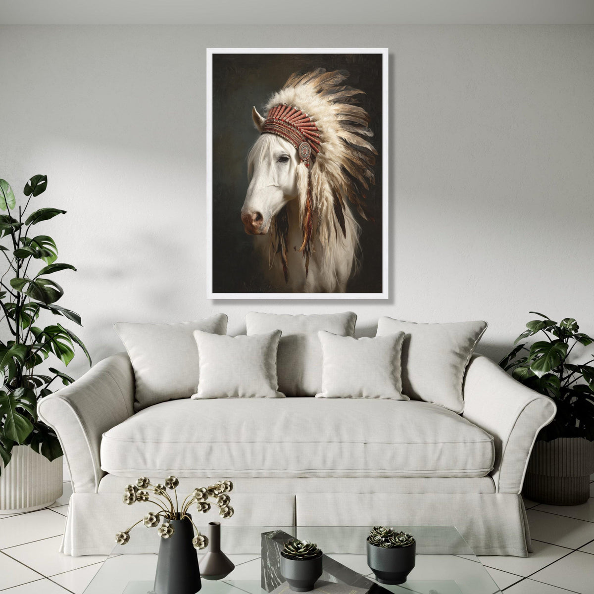 White Horse Portrait with Native American Feather Headdress Canvas, Western Wall Art, Rustic Animal Decor, Gift Art, Home Decor, Print