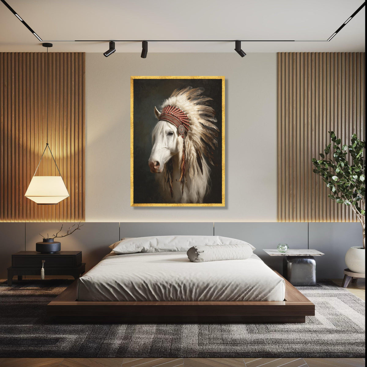 White Horse Portrait with Native American Feather Headdress Canvas, Western Wall Art, Rustic Animal Decor, Gift Art, Home Decor, Print