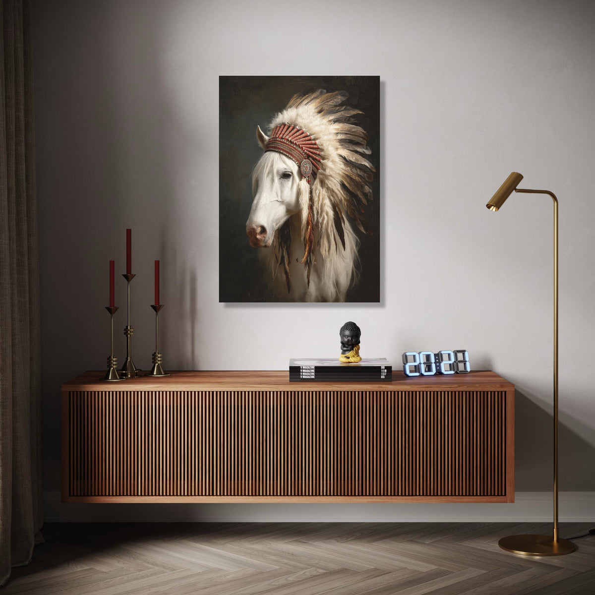 White Horse Portrait with Native American Feather Headdress Canvas, Western Wall Art, Rustic Animal Decor, Gift Art, Home Decor, Print