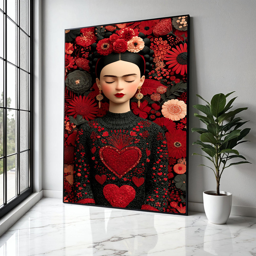 Elegant Floral Portrait Canvas, Frida Inspired Wall Art, Red Heart Embroidered Dress, Boho Chic Home Decoration, Gift Art, Home Decor, Print