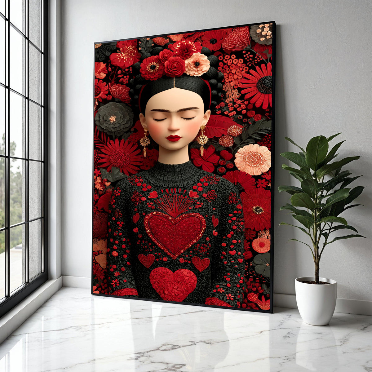 Elegant Floral Portrait Canvas, Frida Inspired Wall Art, Red Heart Embroidered Dress, Boho Chic Home Decoration, Gift Art, Home Decor, Print
