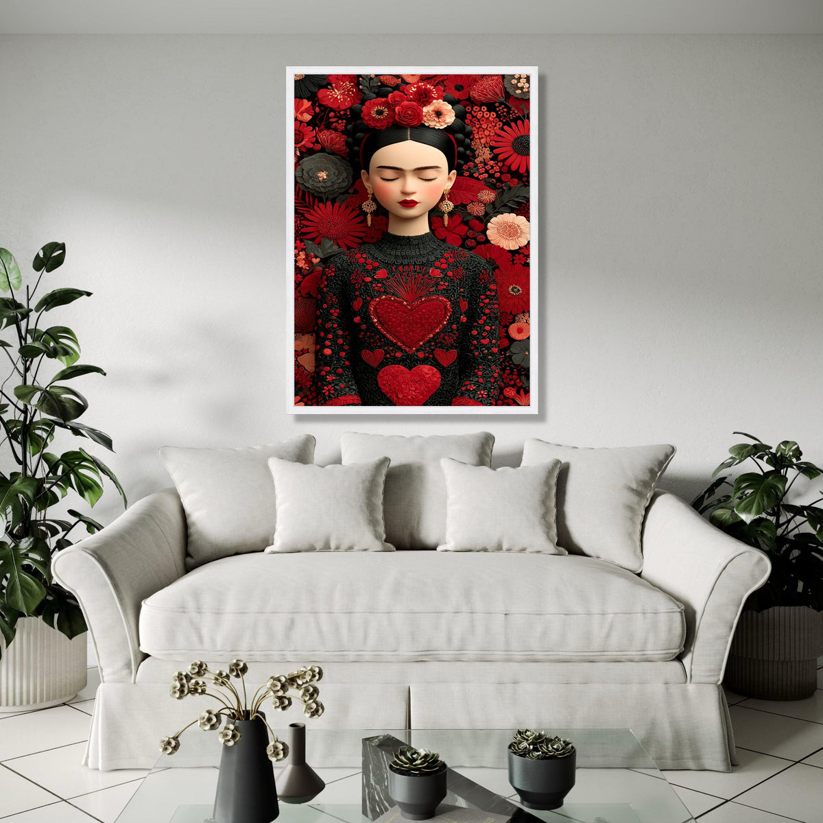Elegant Floral Portrait Canvas, Frida Inspired Wall Art, Red Heart Embroidered Dress, Boho Chic Home Decoration, Gift Art, Home Decor, Print