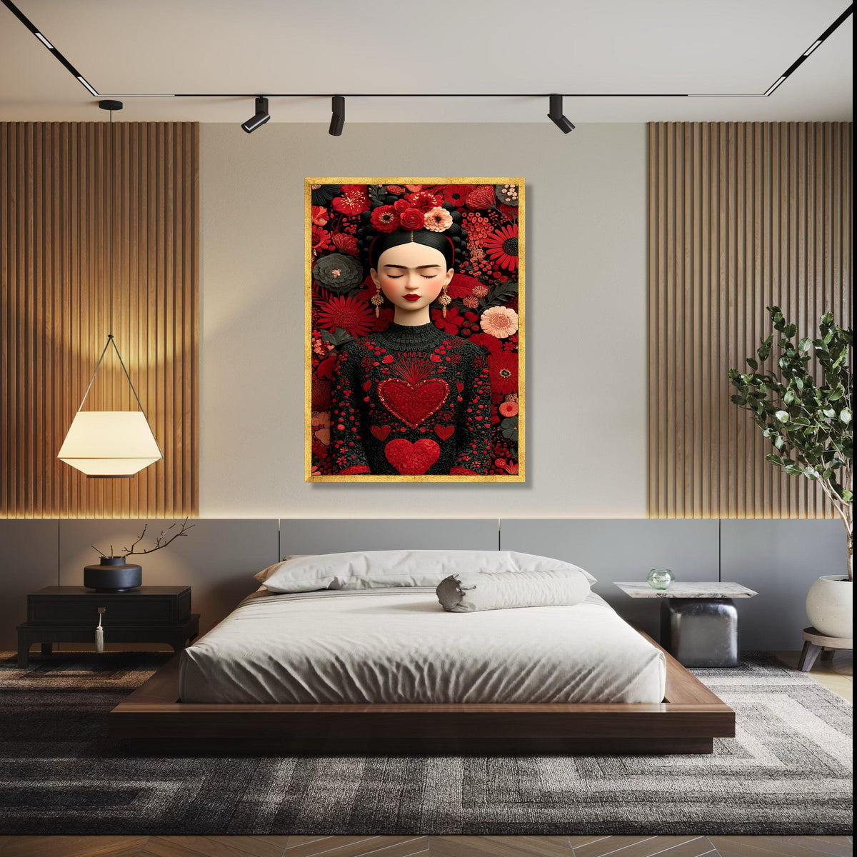 Elegant Floral Portrait Canvas, Frida Inspired Wall Art, Red Heart Embroidered Dress, Boho Chic Home Decoration, Gift Art, Home Decor, Print