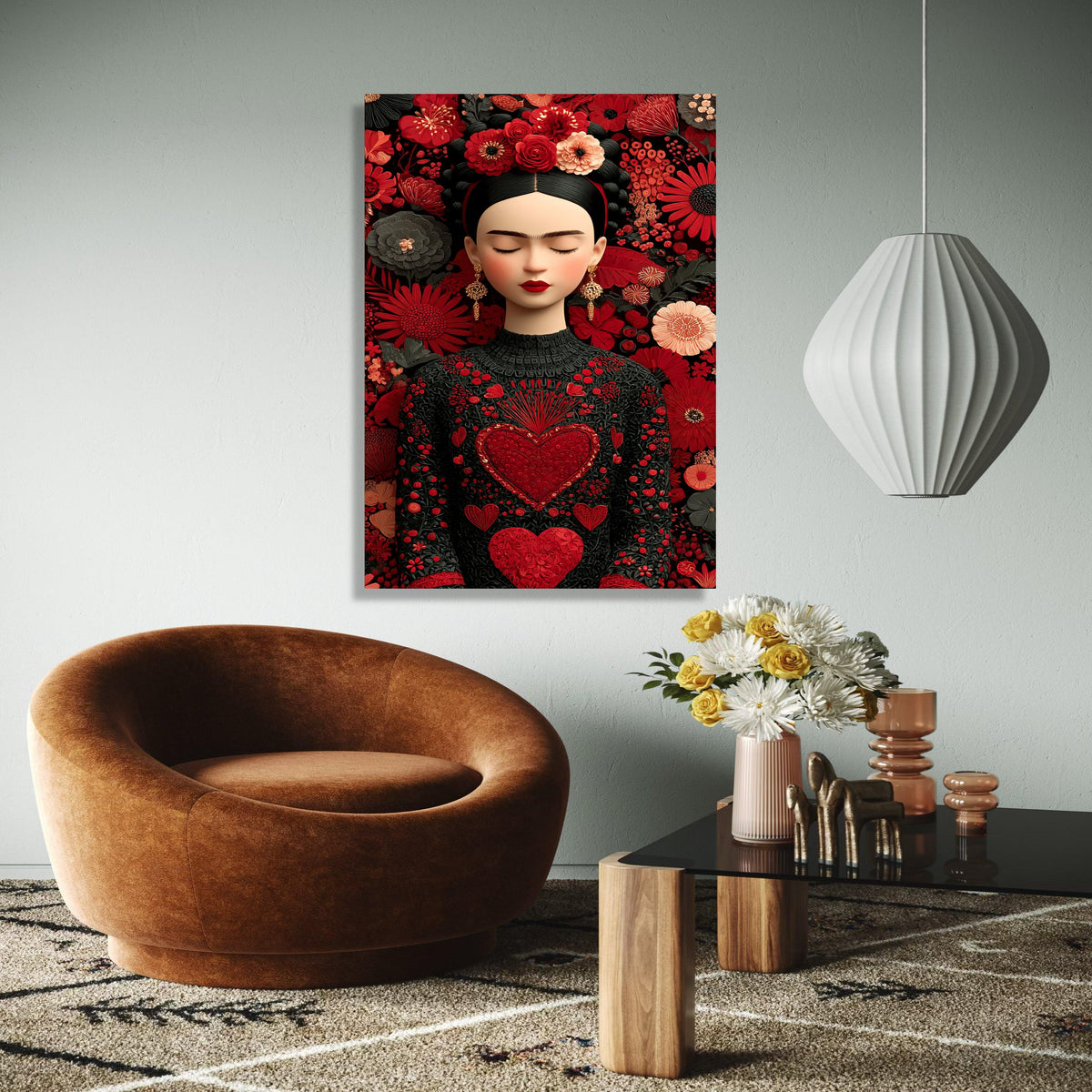 Elegant Floral Portrait Canvas, Frida Inspired Wall Art, Red Heart Embroidered Dress, Boho Chic Home Decoration, Gift Art, Home Decor, Print