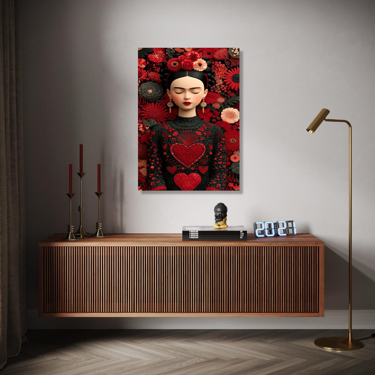Elegant Floral Portrait Canvas, Frida Inspired Wall Art, Red Heart Embroidered Dress, Boho Chic Home Decoration, Gift Art, Home Decor, Print