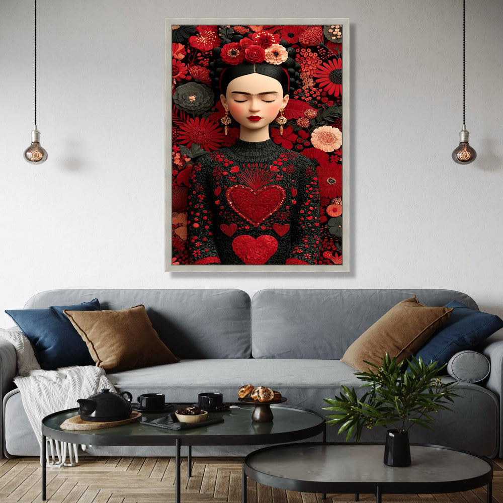 Elegant Floral Portrait Canvas, Frida Inspired Wall Art, Red Heart Embroidered Dress, Boho Chic Home Decoration, Gift Art, Home Decor, Print