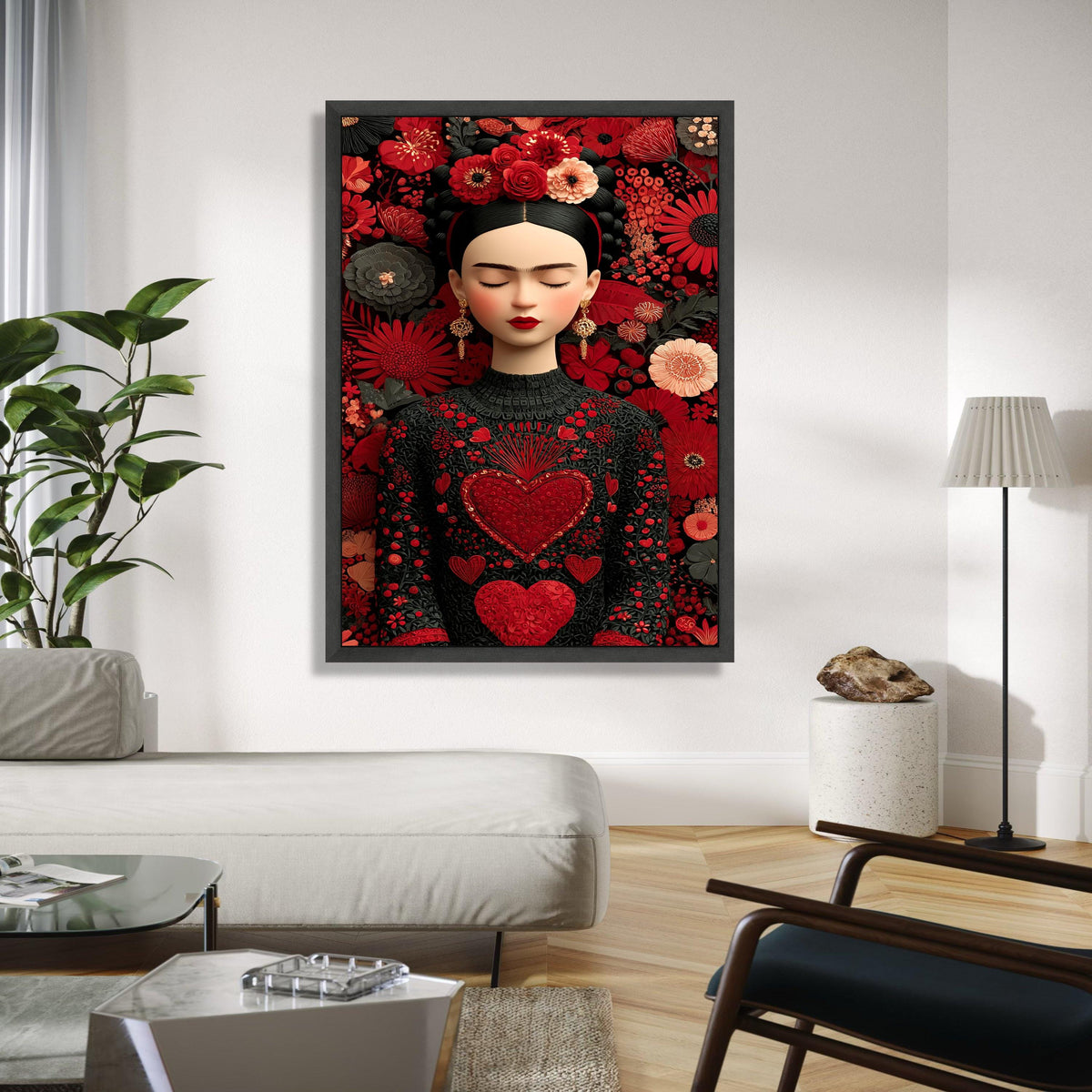Elegant Floral Portrait Canvas, Frida Inspired Wall Art, Red Heart Embroidered Dress, Boho Chic Home Decoration, Gift Art, Home Decor, Print
