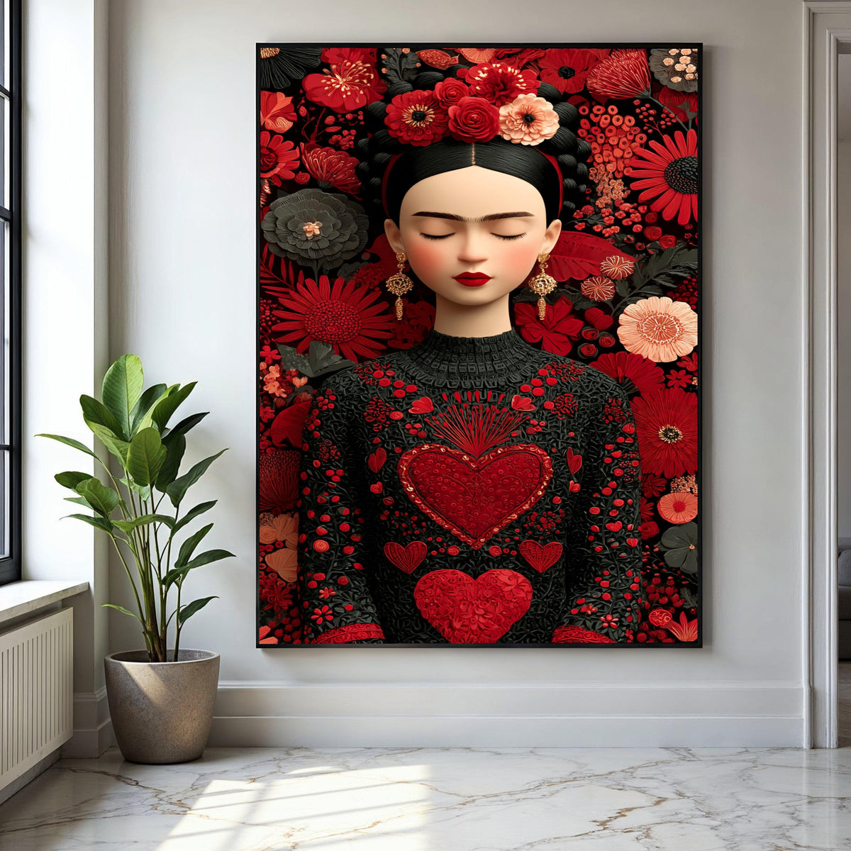 Elegant Floral Portrait Canvas, Frida Inspired Wall Art, Red Heart Embroidered Dress, Boho Chic Home Decoration, Gift Art, Home Decor, Print