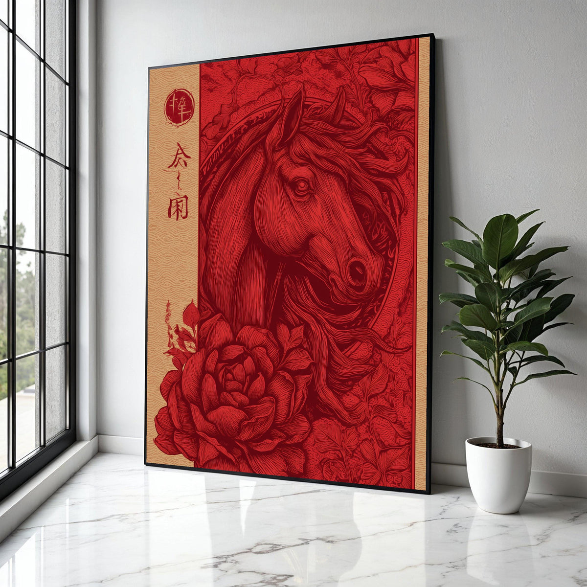 Elegant Red Horse Canvas Wall Art, Vintage Floral and Animal Illustration, Chinese Style Decorative Canvas, Gift Art, Home Decor, Print