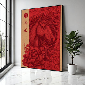 Elegant Red Horse Canvas Wall Art, Vintage Floral and Animal Illustration, Chinese Style Decorative Canvas, Gift Art, Home Decor, Print