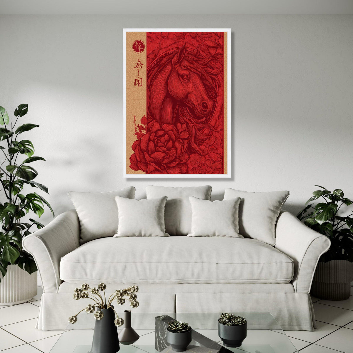 Elegant Red Horse Canvas Wall Art, Vintage Floral and Animal Illustration, Chinese Style Decorative Canvas, Gift Art, Home Decor, Print