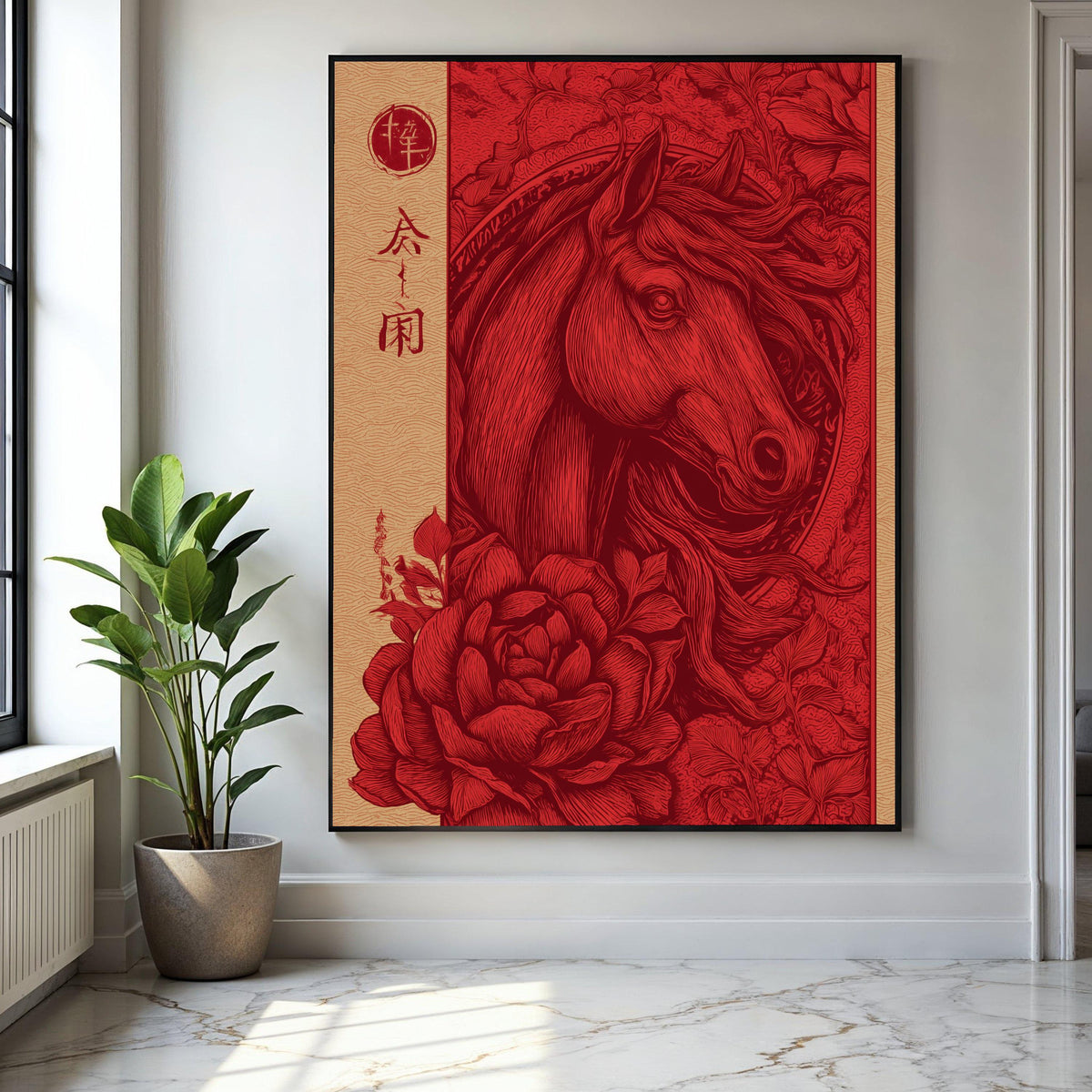 Elegant Red Horse Canvas Wall Art, Vintage Floral and Animal Illustration, Chinese Style Decorative Canvas, Gift Art, Home Decor, Print