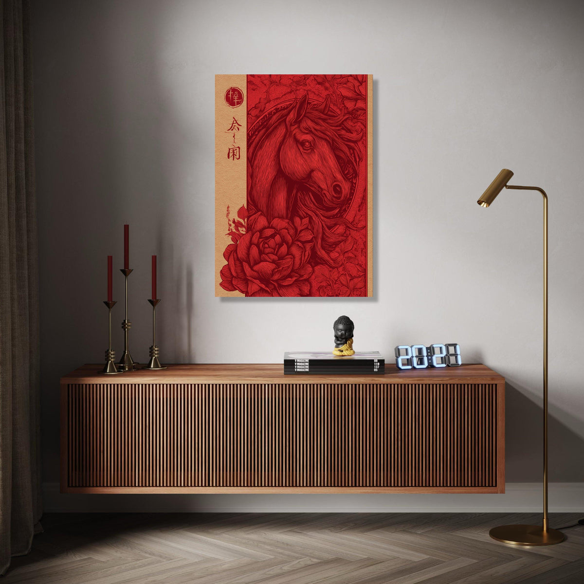 Elegant Red Horse Canvas Wall Art, Vintage Floral and Animal Illustration, Chinese Style Decorative Canvas, Gift Art, Home Decor, Print