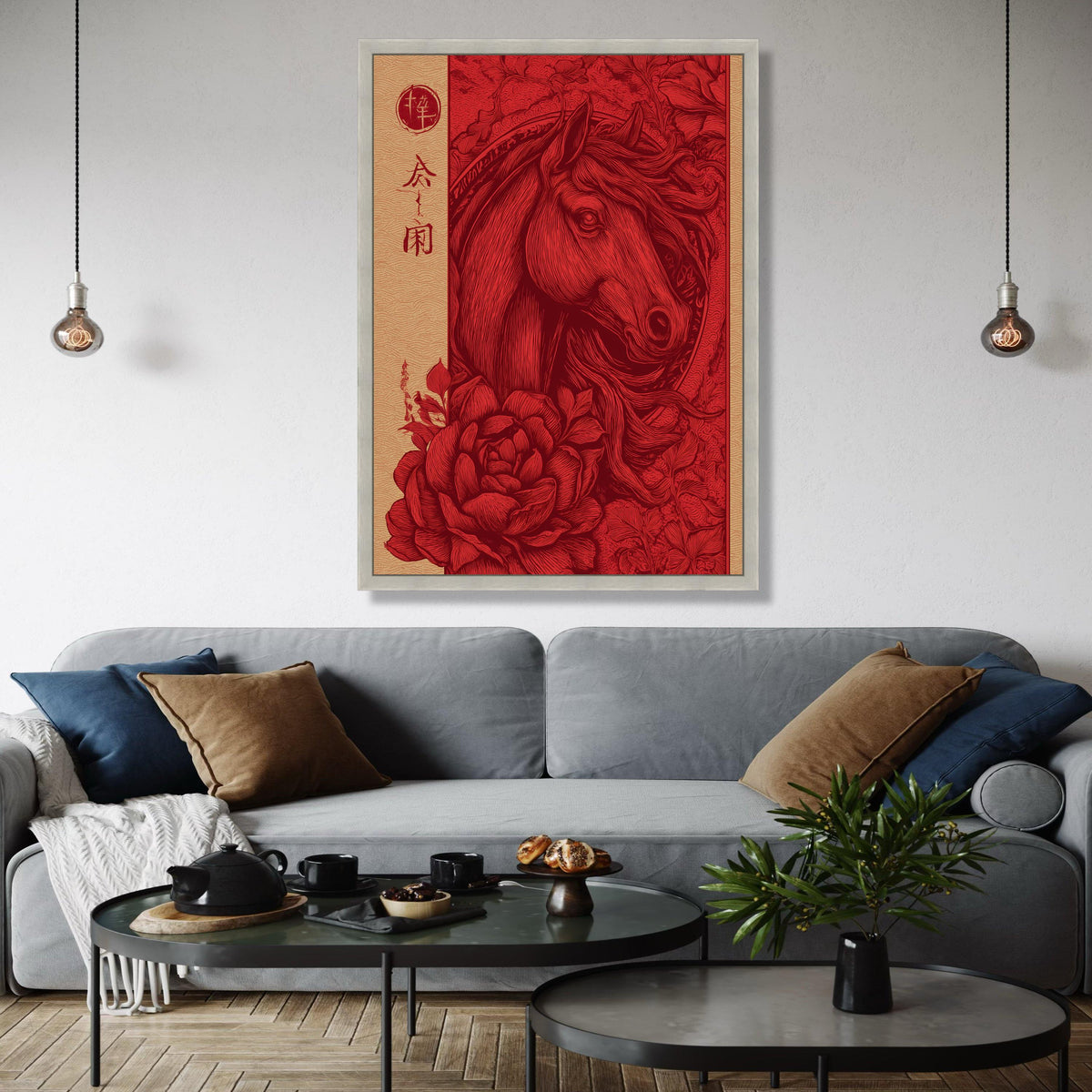 Elegant Red Horse Canvas Wall Art, Vintage Floral and Animal Illustration, Chinese Style Decorative Canvas, Gift Art, Home Decor, Print