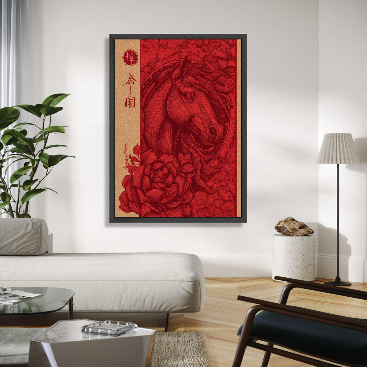 Elegant Red Horse Canvas Wall Art, Vintage Floral and Animal Illustration, Chinese Style Decorative Canvas, Gift Art, Home Decor, Print