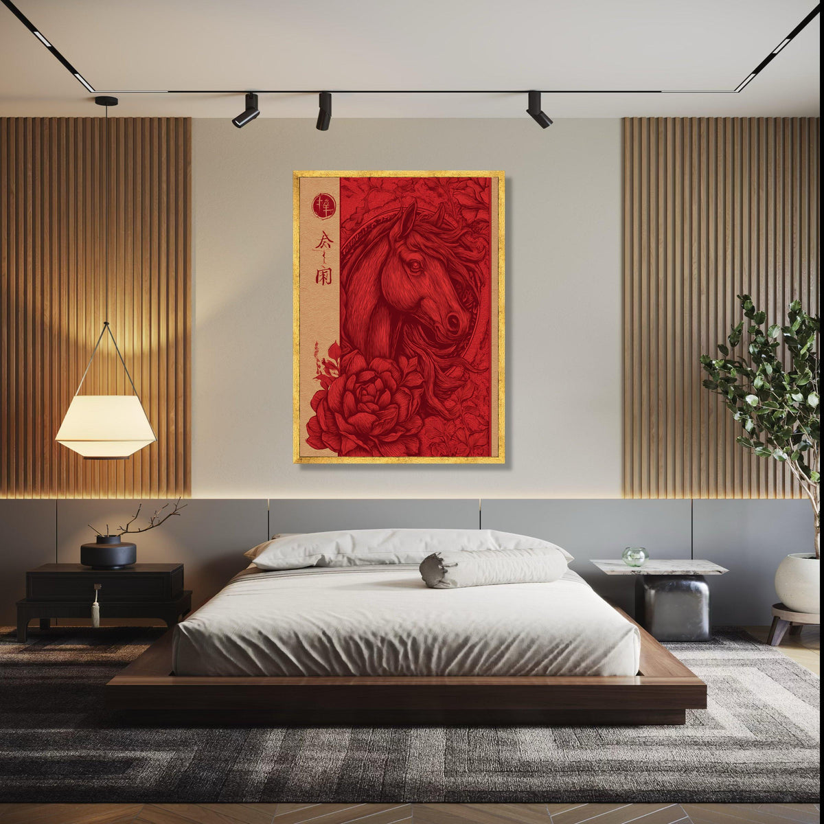 Elegant Red Horse Canvas Wall Art, Vintage Floral and Animal Illustration, Chinese Style Decorative Canvas, Gift Art, Home Decor, Print