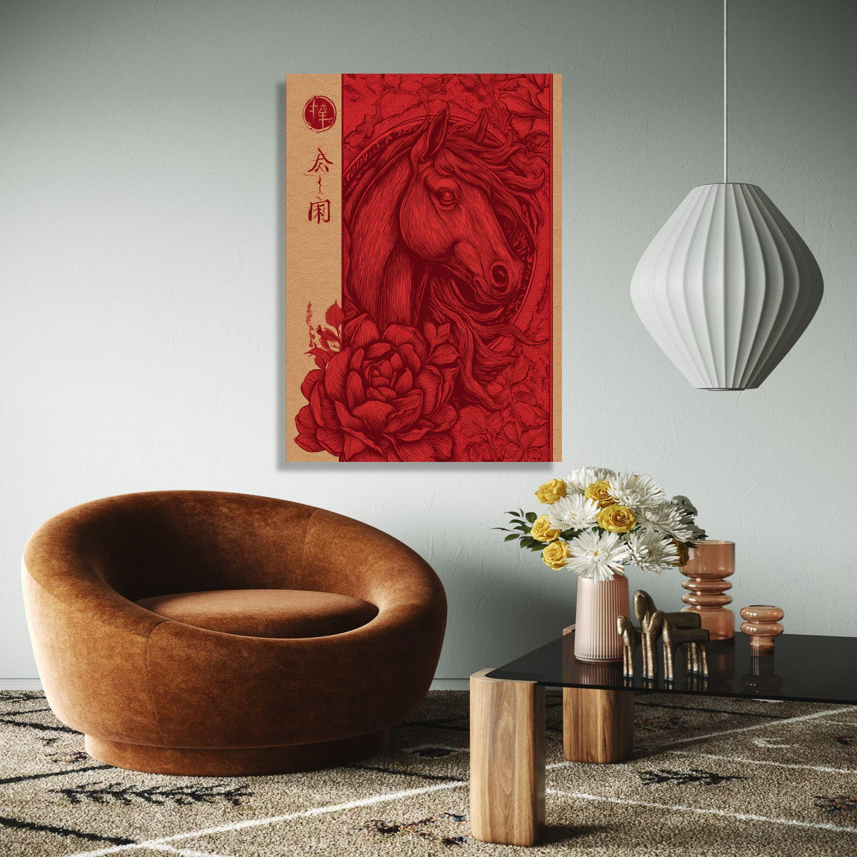 Elegant Red Horse Canvas Wall Art, Vintage Floral and Animal Illustration, Chinese Style Decorative Canvas, Gift Art, Home Decor, Print