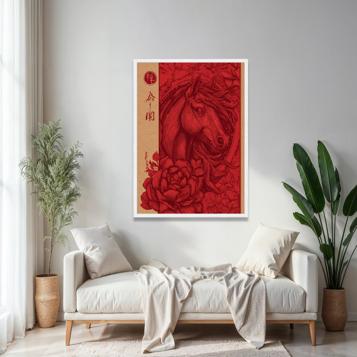 Elegant Red Horse Canvas Wall Art, Vintage Floral and Animal Illustration, Chinese Style Decorative Canvas, Gift Art, Home Decor, Print