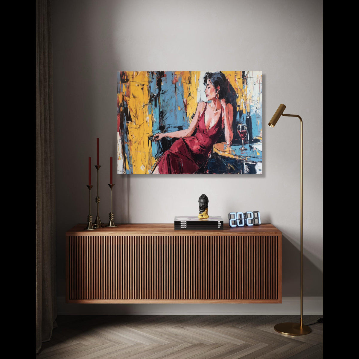 Elegant Woman in Red Dress Canvas, Abstract Portrait Wall Art, Modern Lounge Scene, Wine Glass Painting, Stylish Gift Art, Home Decor, Print