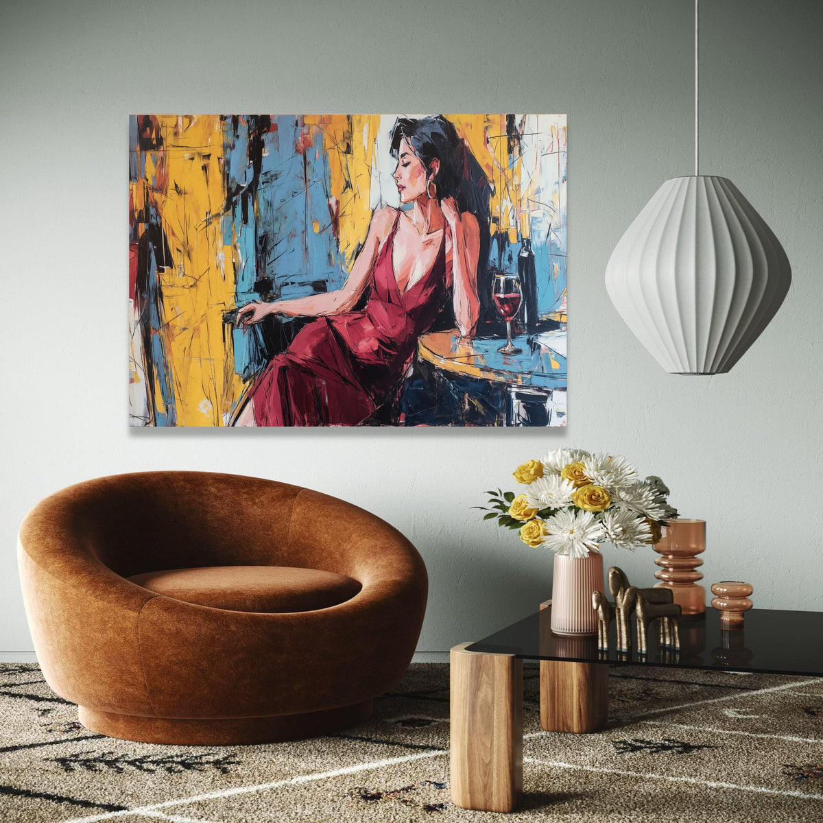 Elegant Woman in Red Dress Canvas, Abstract Portrait Wall Art, Modern Lounge Scene, Wine Glass Painting, Stylish Gift Art, Home Decor, Print