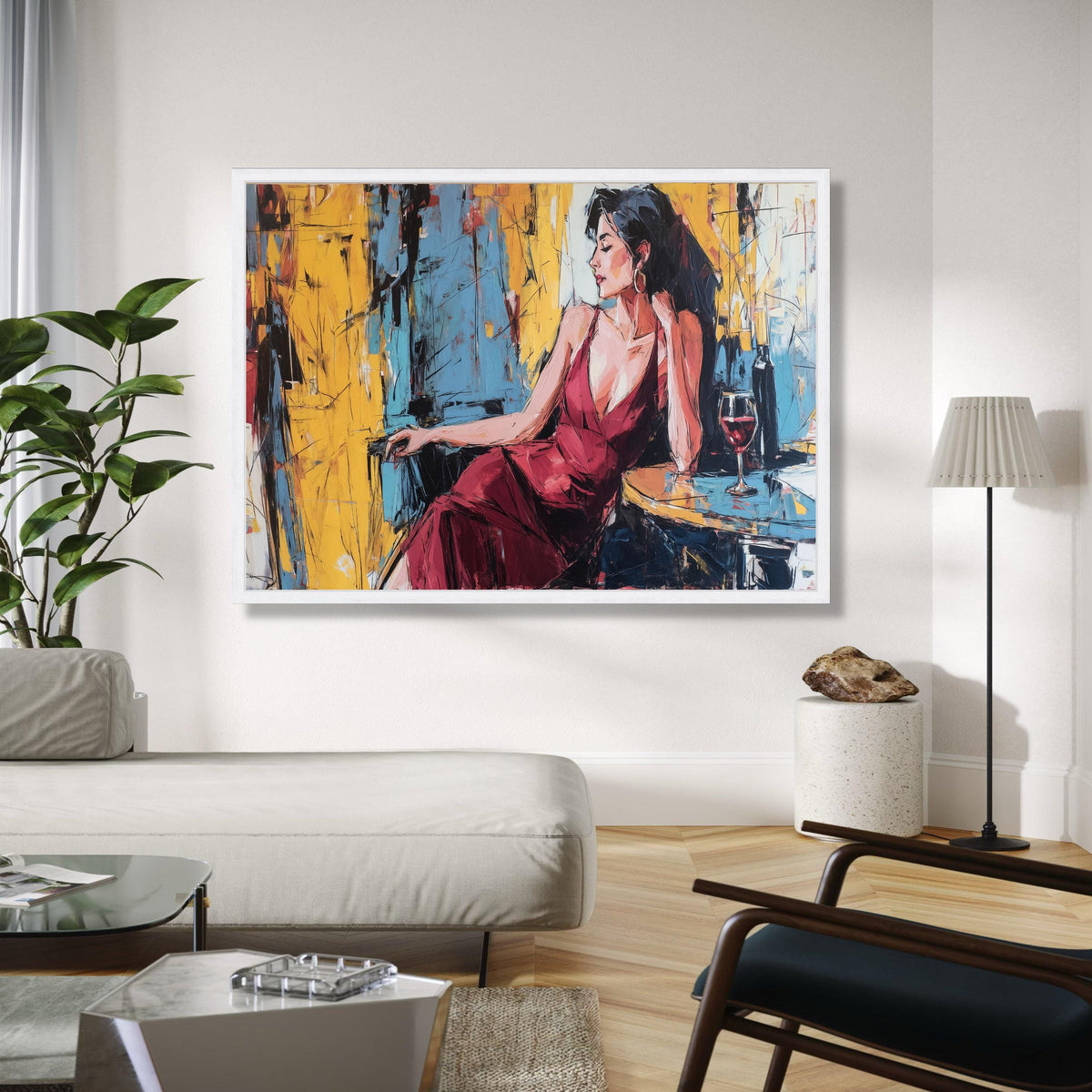 Elegant Woman in Red Dress Canvas, Abstract Portrait Wall Art, Modern Lounge Scene, Wine Glass Painting, Stylish Gift Art, Home Decor, Print