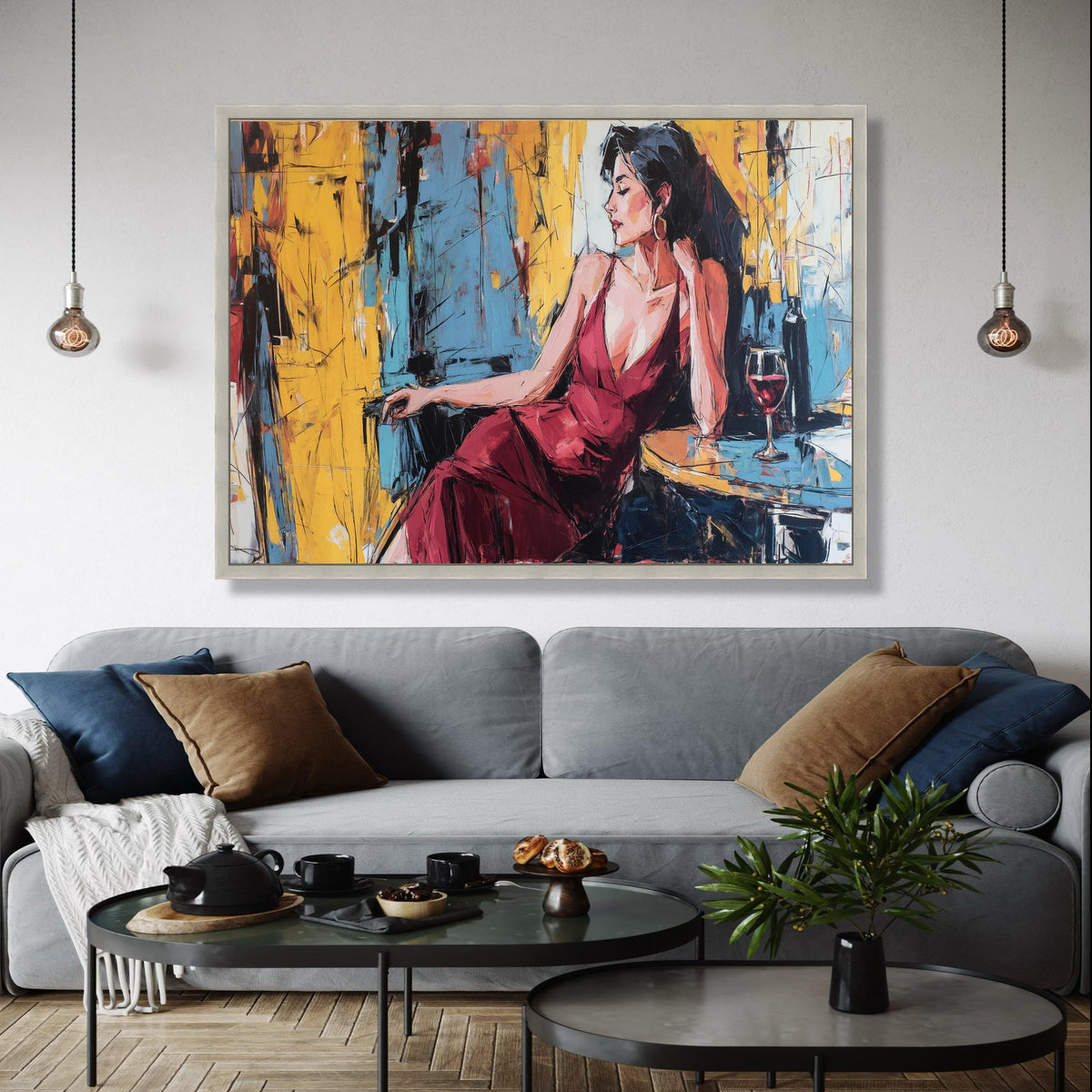 Elegant Woman in Red Dress Canvas, Abstract Portrait Wall Art, Modern Lounge Scene, Wine Glass Painting, Stylish Gift Art, Home Decor, Print