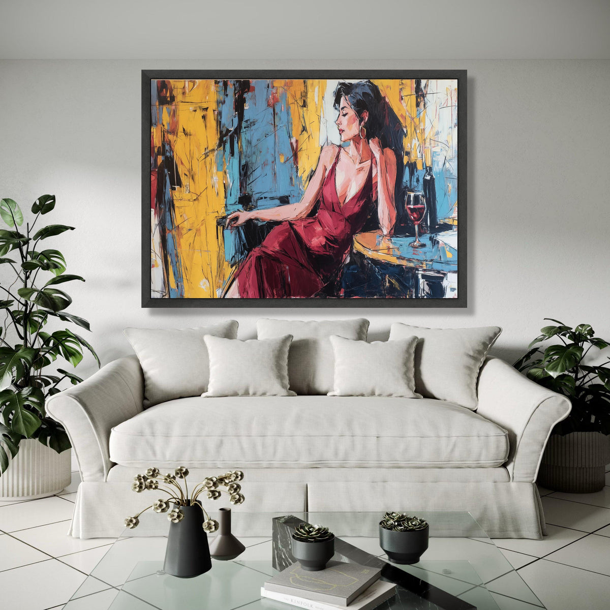 Elegant Woman in Red Dress Canvas, Abstract Portrait Wall Art, Modern Lounge Scene, Wine Glass Painting, Stylish Gift Art, Home Decor, Print
