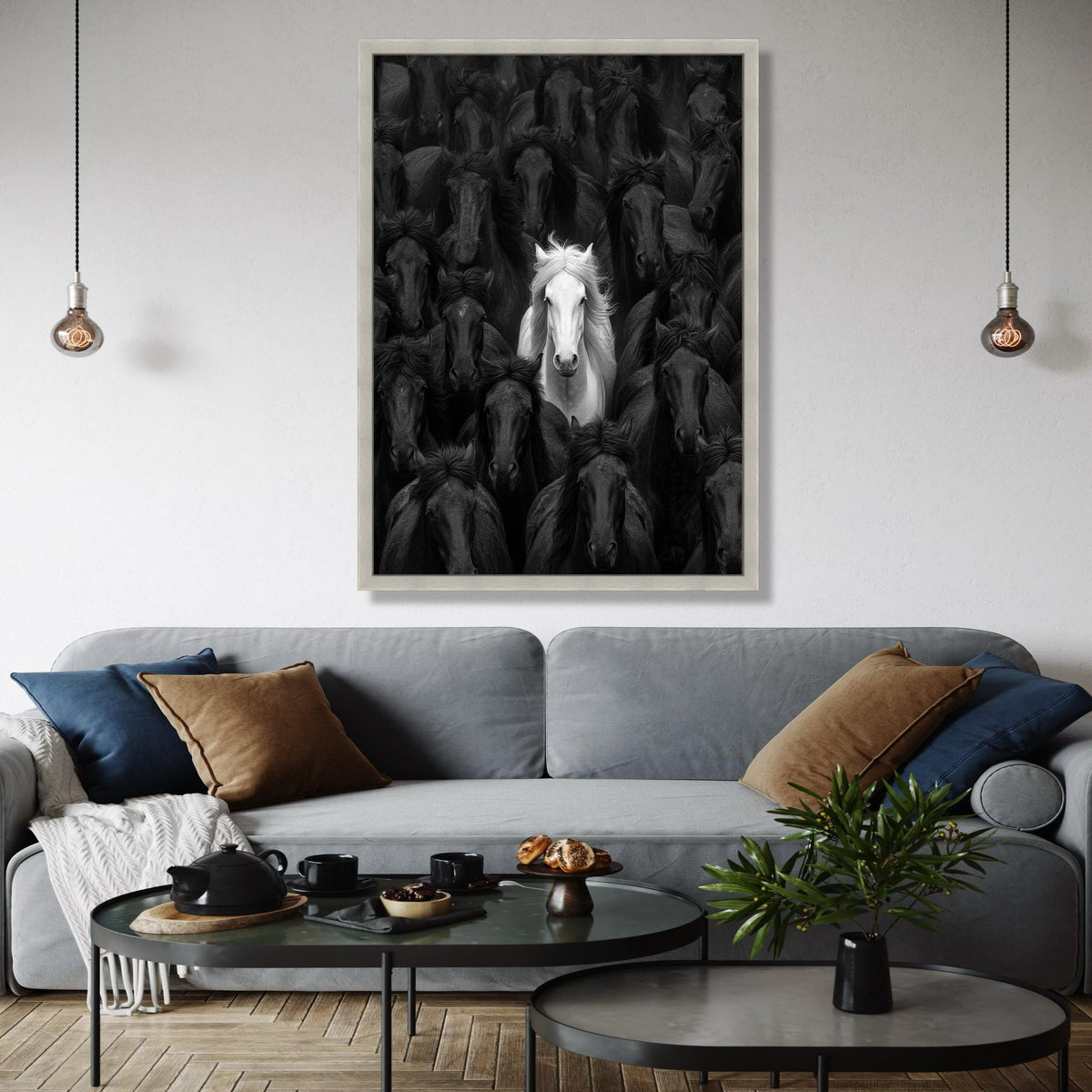 White Horse Among Black Stallions, Contrast Canvas Wall Art, Equine Animal Portrait, Unique Nature Decor, Bold Gift Art, Home Decor, Print