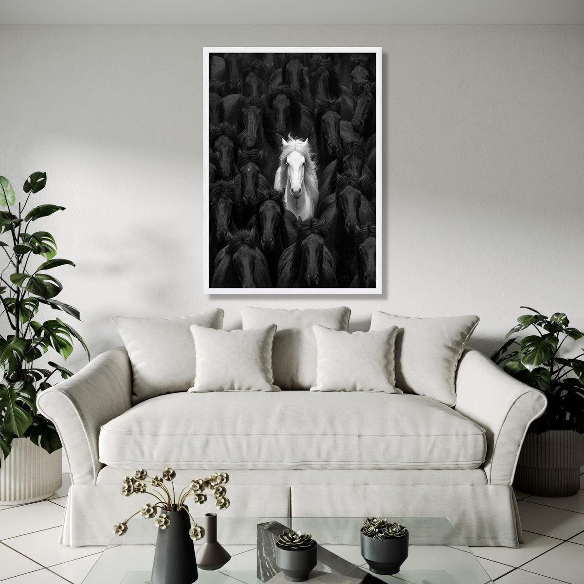 White Horse Among Black Stallions, Contrast Canvas Wall Art, Equine Animal Portrait, Unique Nature Decor, Bold Gift Art, Home Decor, Print