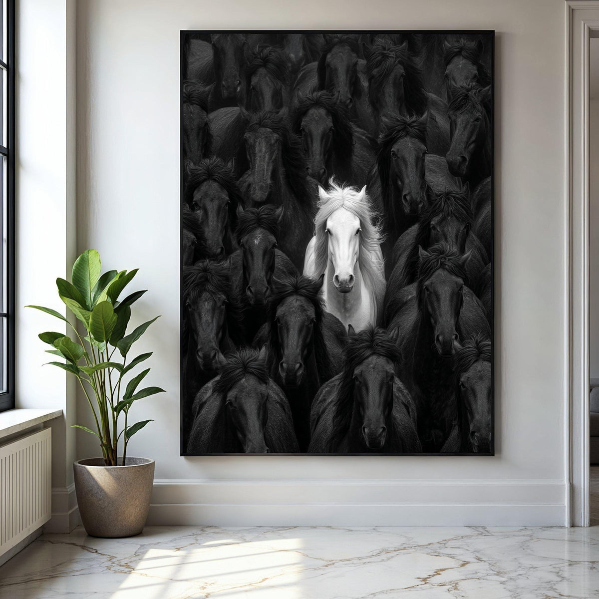 White Horse Among Black Stallions, Contrast Canvas Wall Art, Equine Animal Portrait, Unique Nature Decor, Bold Gift Art, Home Decor, Print