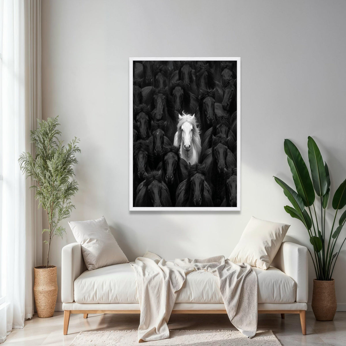 White Horse Among Black Stallions, Contrast Canvas Wall Art, Equine Animal Portrait, Unique Nature Decor, Bold Gift Art, Home Decor, Print