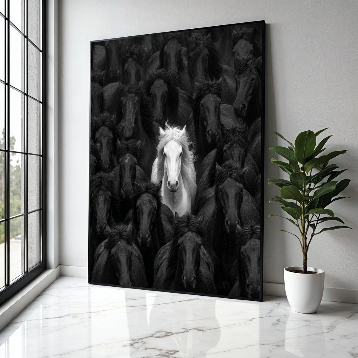 White Horse Among Black Stallions, Contrast Canvas Wall Art, Equine Animal Portrait, Unique Nature Decor, Bold Gift Art, Home Decor, Print