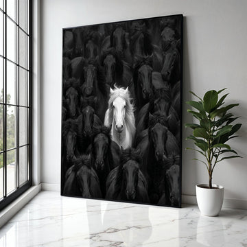 White Horse Among Black Stallions, Contrast Canvas Wall Art, Equine Animal Portrait, Unique Nature Decor, Bold Gift Art, Home Decor, Print