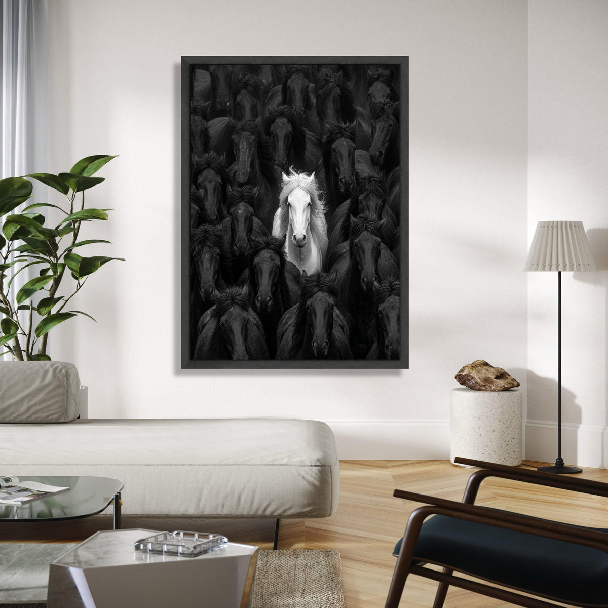 White Horse Among Black Stallions, Contrast Canvas Wall Art, Equine Animal Portrait, Unique Nature Decor, Bold Gift Art, Home Decor, Print