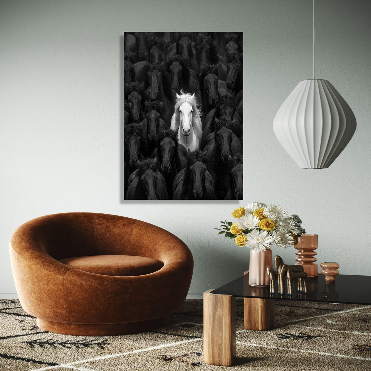 White Horse Among Black Stallions, Contrast Canvas Wall Art, Equine Animal Portrait, Unique Nature Decor, Bold Gift Art, Home Decor, Print