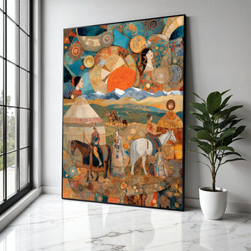 Nomadic Life Scene Canvas, Ethnic People on Horses Wall Art, Traditional Culture Illustration, Mountain Gift Art, Home Decor, Print
