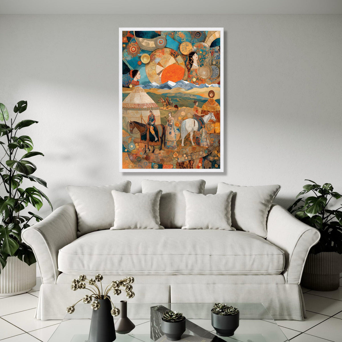 Nomadic Life Scene Canvas, Ethnic People on Horses Wall Art, Traditional Culture Illustration, Mountain Gift Art, Home Decor, Print