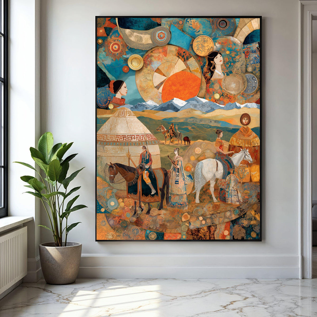 Nomadic Life Scene Canvas, Ethnic People on Horses Wall Art, Traditional Culture Illustration, Mountain Gift Art, Home Decor, Print