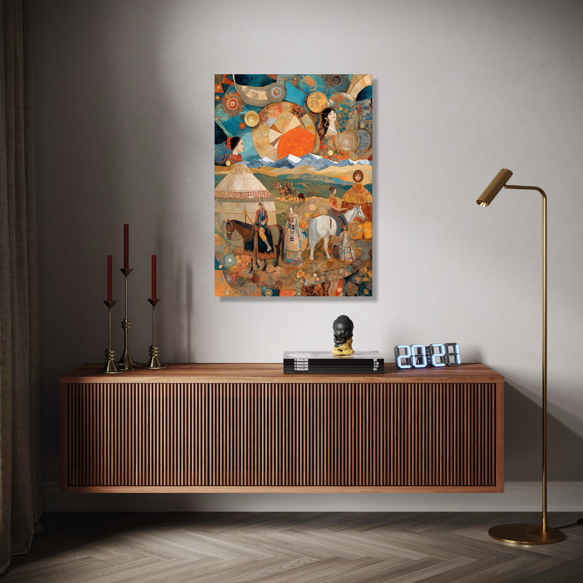 Nomadic Life Scene Canvas, Ethnic People on Horses Wall Art, Traditional Culture Illustration, Mountain Gift Art, Home Decor, Print